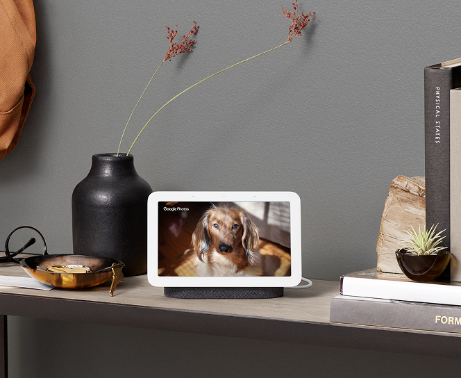 Women and her child jumping on the couch with the Google Nest Hub 2 Gen in the background